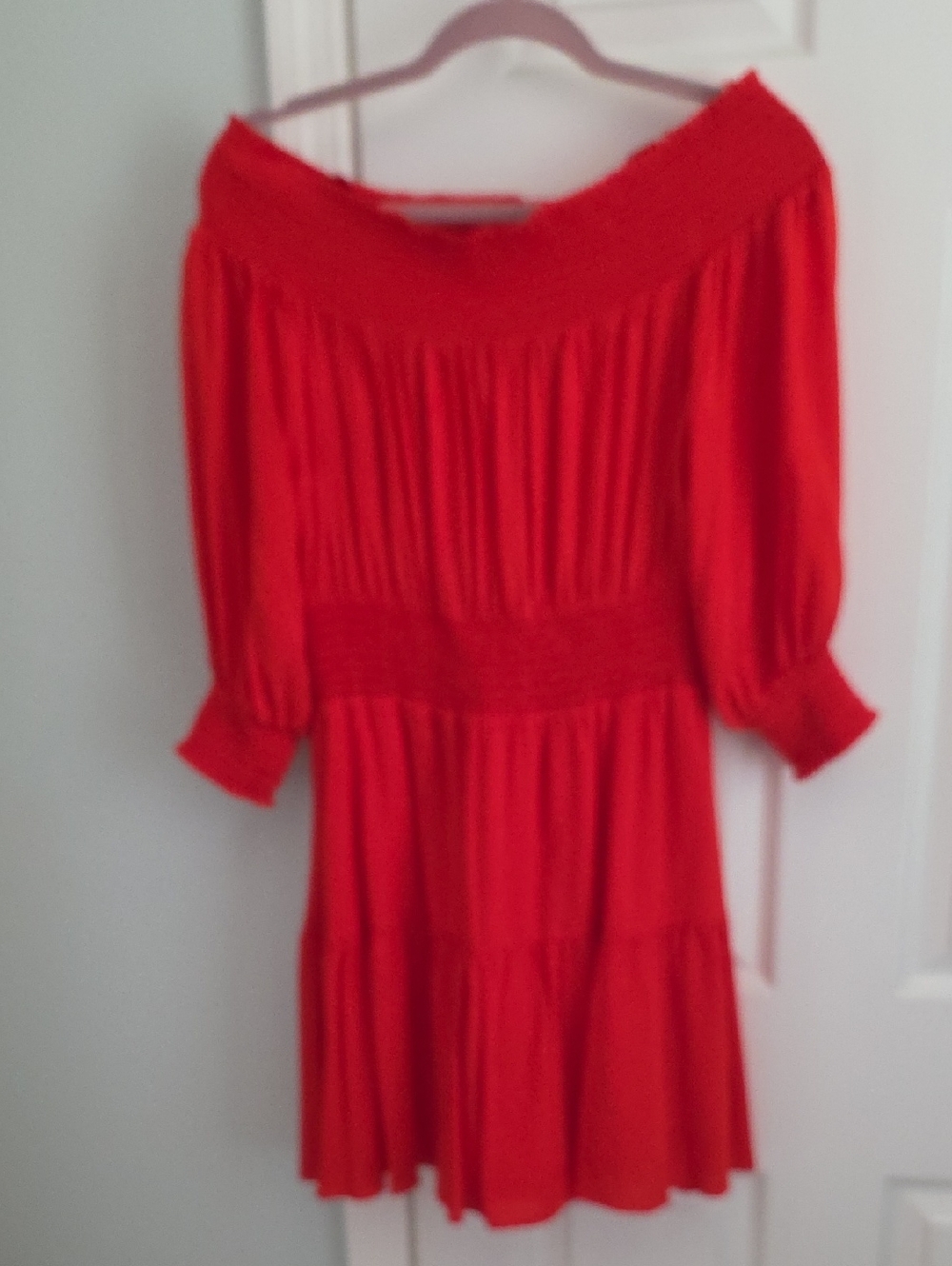 Red Off-Shoulder Smocked Waist Women’s Dress